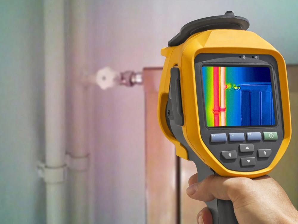 Using a thermal imaging leak detector to identify hidden hot water pipe leaks behind walls without causing property damage