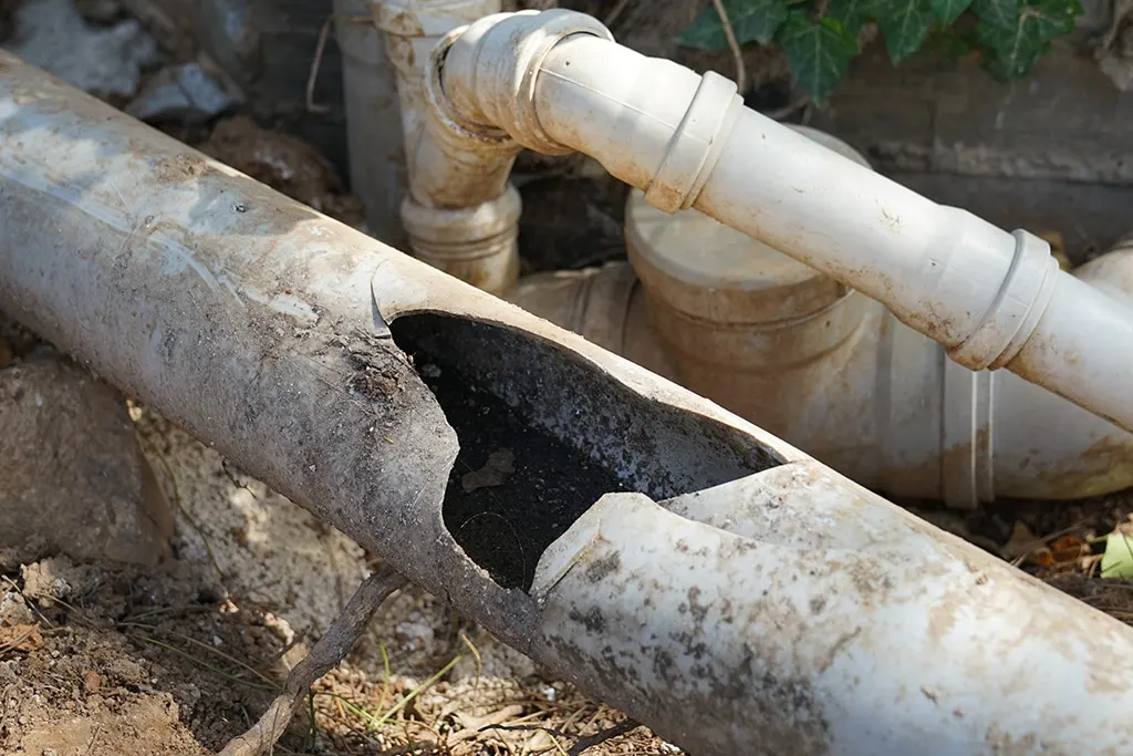 A severely cracked and broken PVC sewer pipe requiring professional sewer line repair to stop sewage leaks